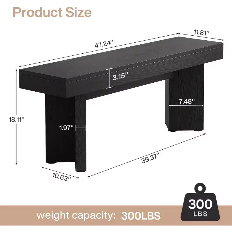 Lantine 47 Wooden Entryway Bench, Farmhouse Indoor End of Bed Bench, Long Table Benches Seat for Bedroom, Hallway, Foyer, End of Bed (Black)