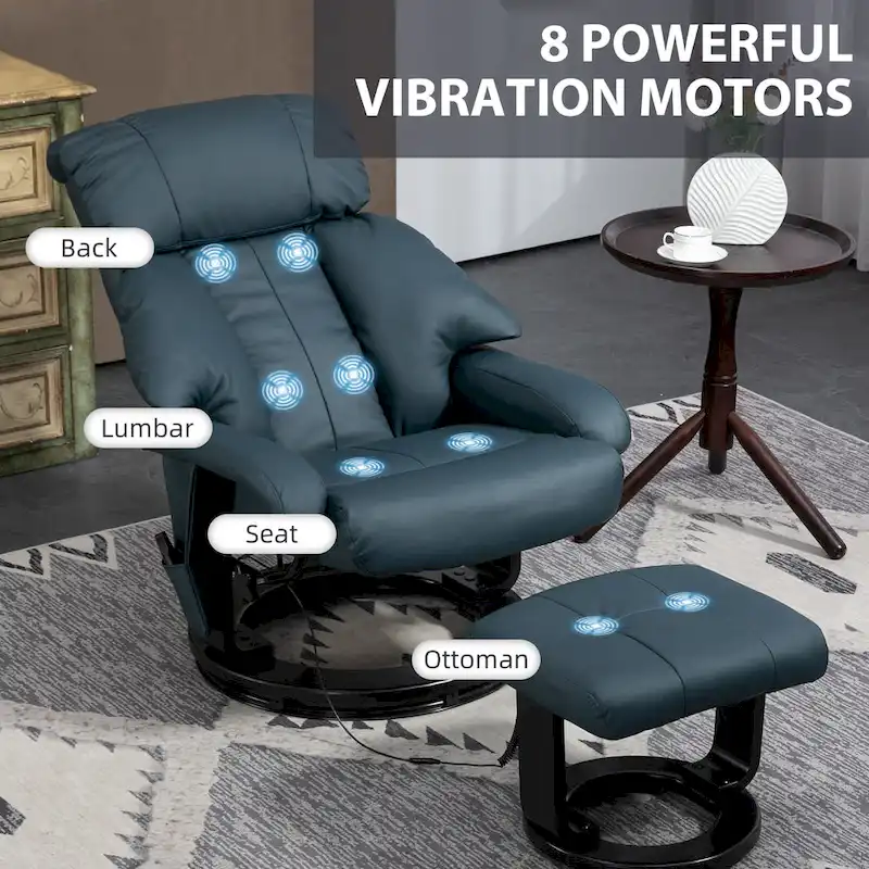 HOMCOM Massage Recliner Chair with Ottoman, 360 Swivel Recliner and Footstool, PU Leather Reclining Chair, Gray