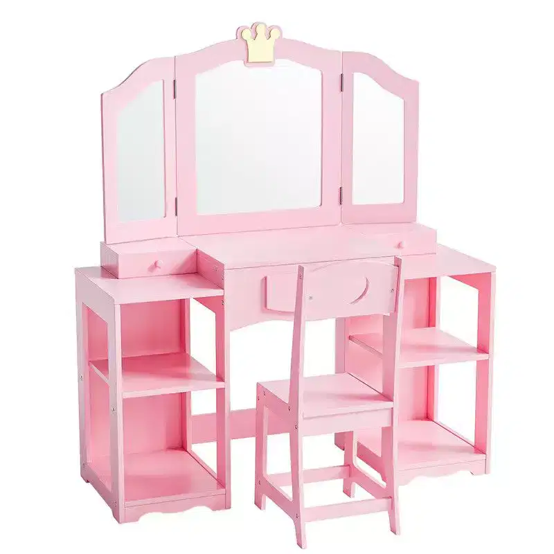 Karl Home Kids Vanity Table and Chair Set, 2 in 1 Girls Vanity Storage Cabinet w/Tri-Folding Mirror