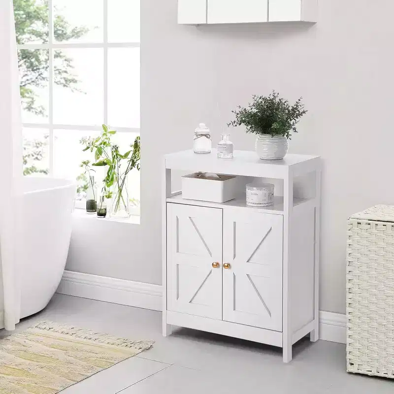Bathroom Floor Cabinet with Double Doors, Adjustable Shelves, Compact Storage Unit Measuring 34.84 D x 14.17 W x 7.87 H, Space-Saving, White
