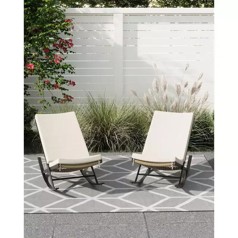 Garden Rocking Chairs Set of 2, Outdoor Wicker Seaside Reclining Chair, Rattan Sun Lounger, Wicker Patio Poolside Lounger with Cushion