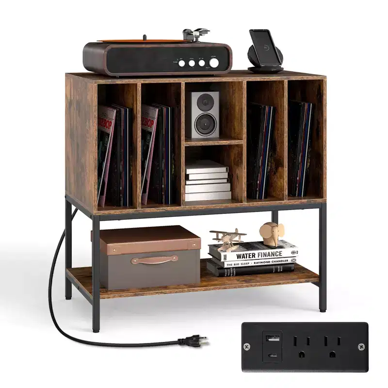 Record Player Stand with Charging Station, Vinyl Storage Shelves and Metal Frame