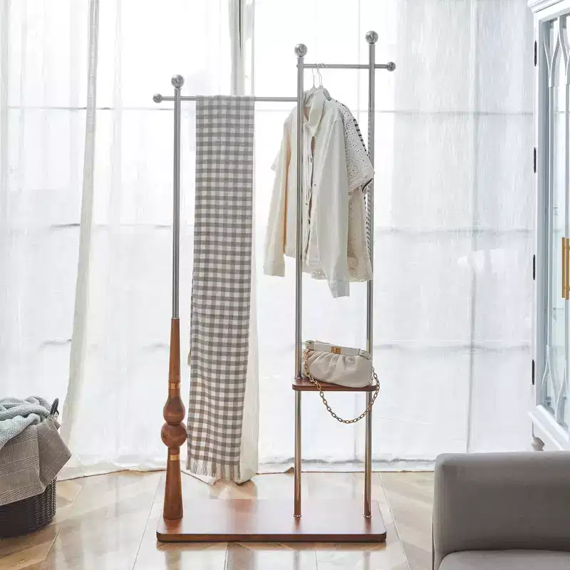 Okak Hall Tree with Wooden Shelves and Stainless Steel Frame, Industrial Coat Rack with Elegent Design, Coat Tree for Living Room, Bedroom, Silver