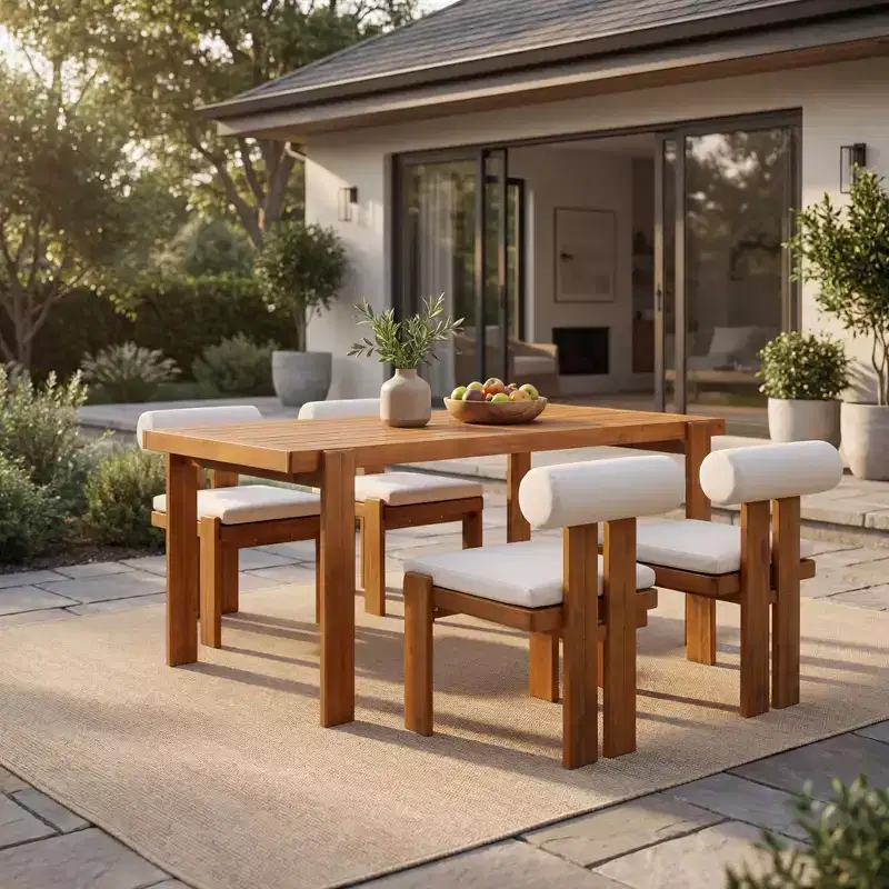 Christopher Knight Home Javier Modern 5 Piece Patio Acacia Upholstered Dining Set with Round Back and Slatted Table