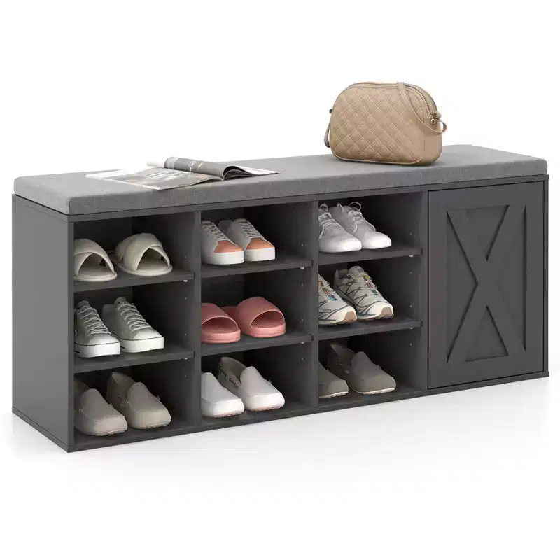 Shoe Bench with Padded Cushion 9-cube Adjustable Storage Shoe Rack White/Grey/Rustic Brown