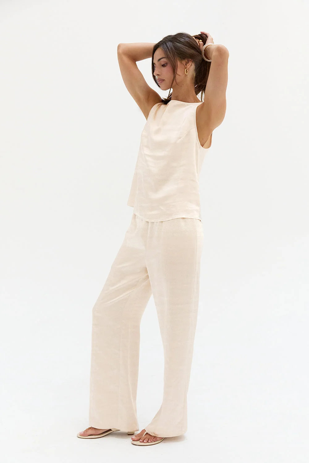 Satin Pull On Pants Relaxed Straight Leg Elastic Waist Women