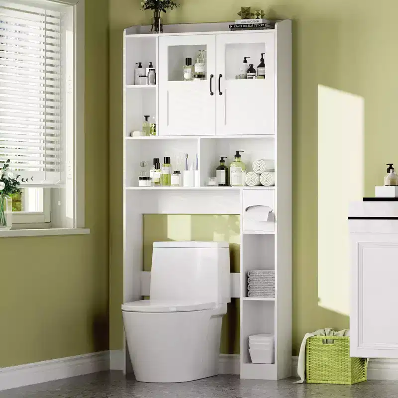 Over The Toilet Storage Cabinet - 67.4 H Farmhouse Bathroom Organizers and Storage with Adjustable Shelf and Glass Door for Bathroom, Laundry