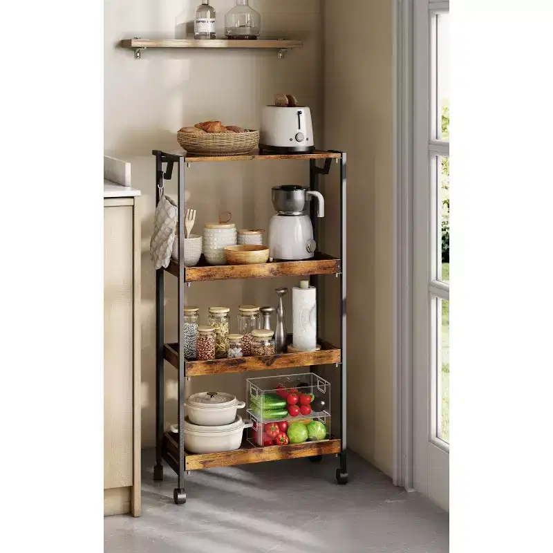 4-Tier Folding Wood Storage Cart with Locking Wheels