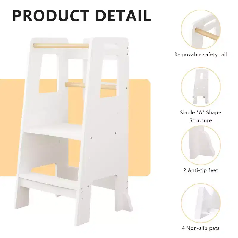JVNOXK Children's Standing Tower, Kitchen Step Stool, Toddler Wooden Step Stool - Height Adjustable, for Kitchen Use, White