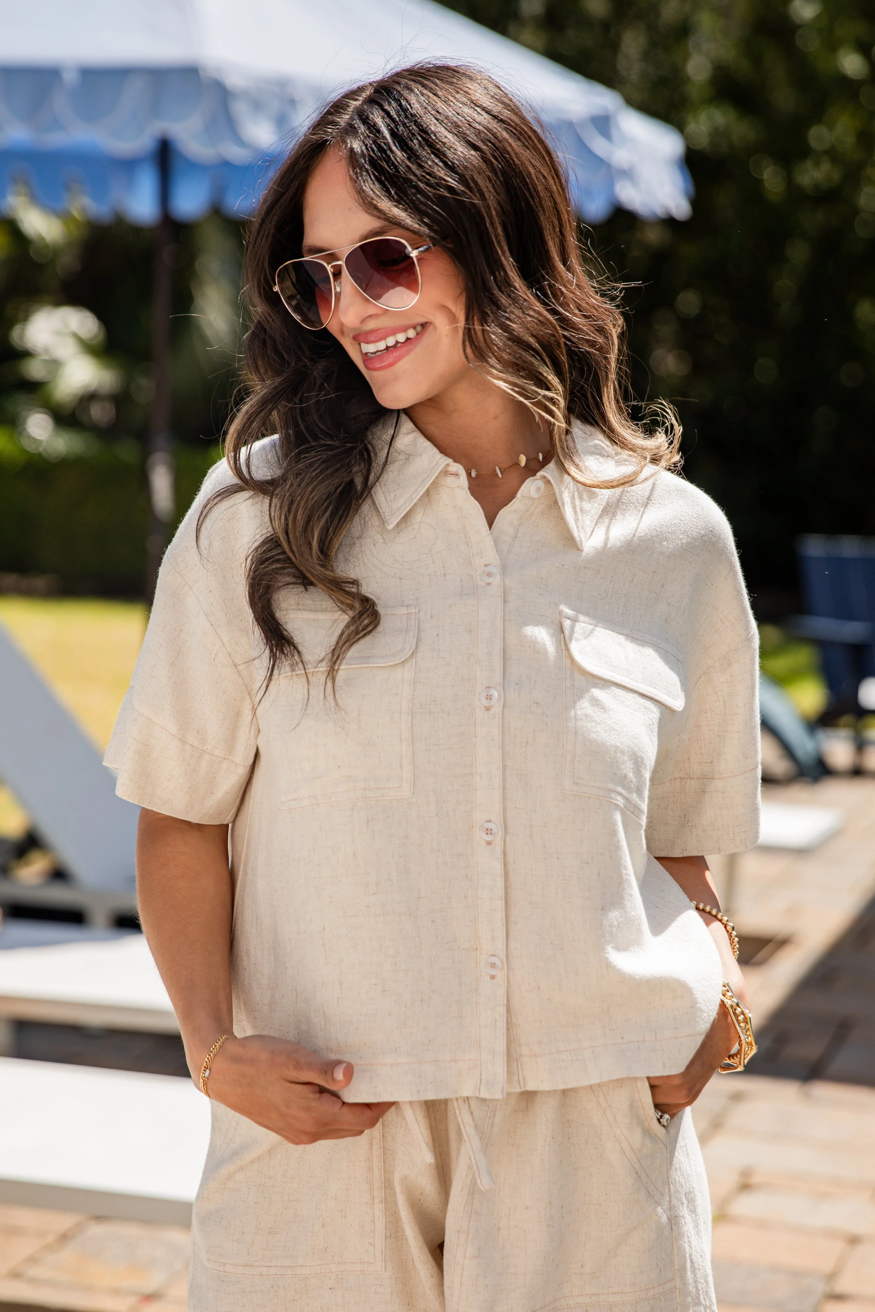 Natural Collared Button Front Short Sleeve Linen Top