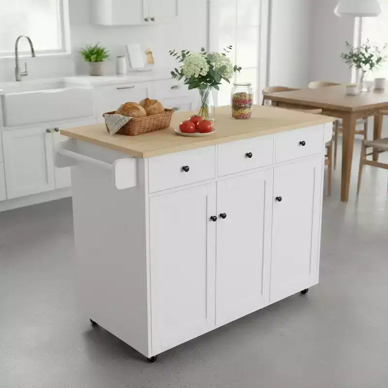 Mobile Kitchen Island Cart with Folding Drop Leaf, 45.3 Wide Kitchen Storage Cabinet on Wheels, Rolling Space-Saving Prep Table, White
