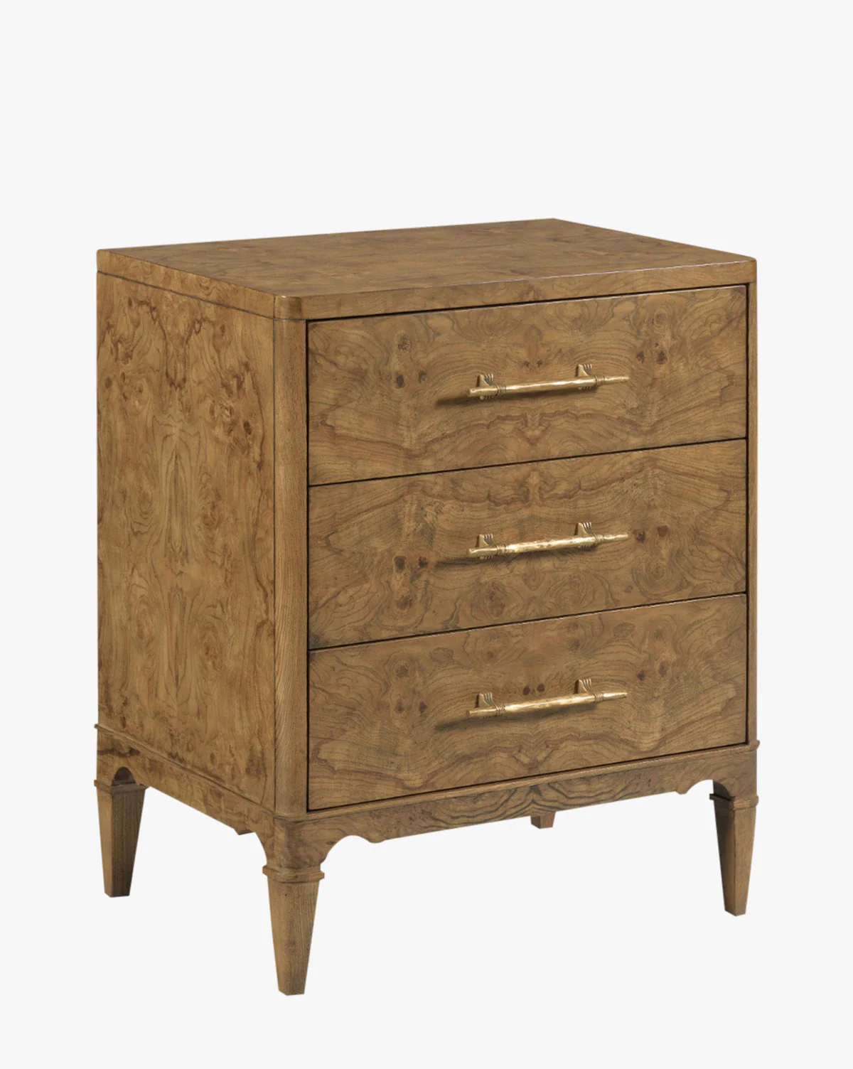 Artisan Olive Ash Burl Nightstand with Brass Hardware & Tapered Legs for Bedroom