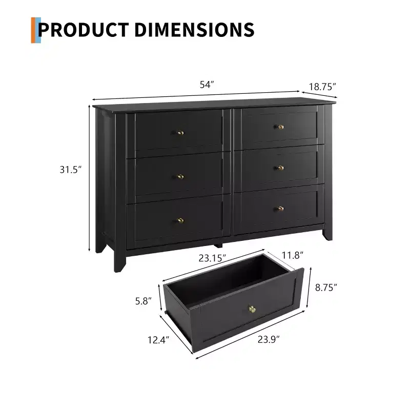 6 Drawer Dresser for Bedroom, 54W Wooden Chest of Drawers with Metal Knobs, Dresser TV Stand, Clothes Storage Organizer for Bedroom,Hallway, Black