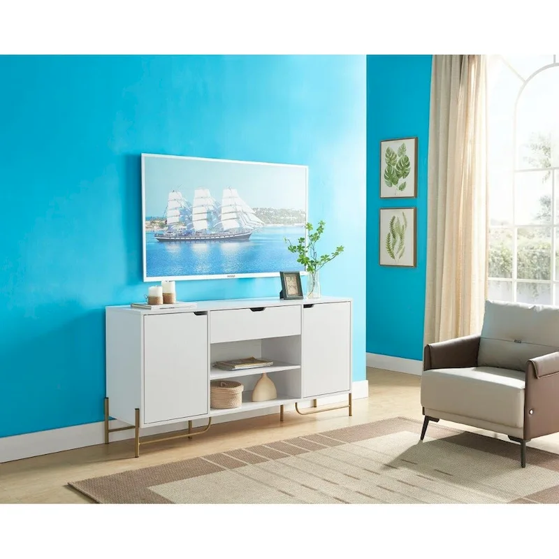 Buffet with Two Cabinets One Drawer with Six Shelves on Metal Legs for Living Room, Entryway, Bedroom