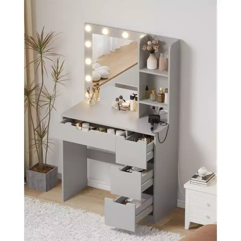 Makeup Vanity Desk with Mirror and Lights, 35W Large Dressing Table with 4 Drawers & Open Storage, Modern Makeup Vanity Table for Bedroom