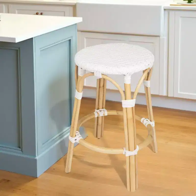 HomeRoots 24 White and Natural Heavy Duty Rattan Backless Counter Height Bar Chair