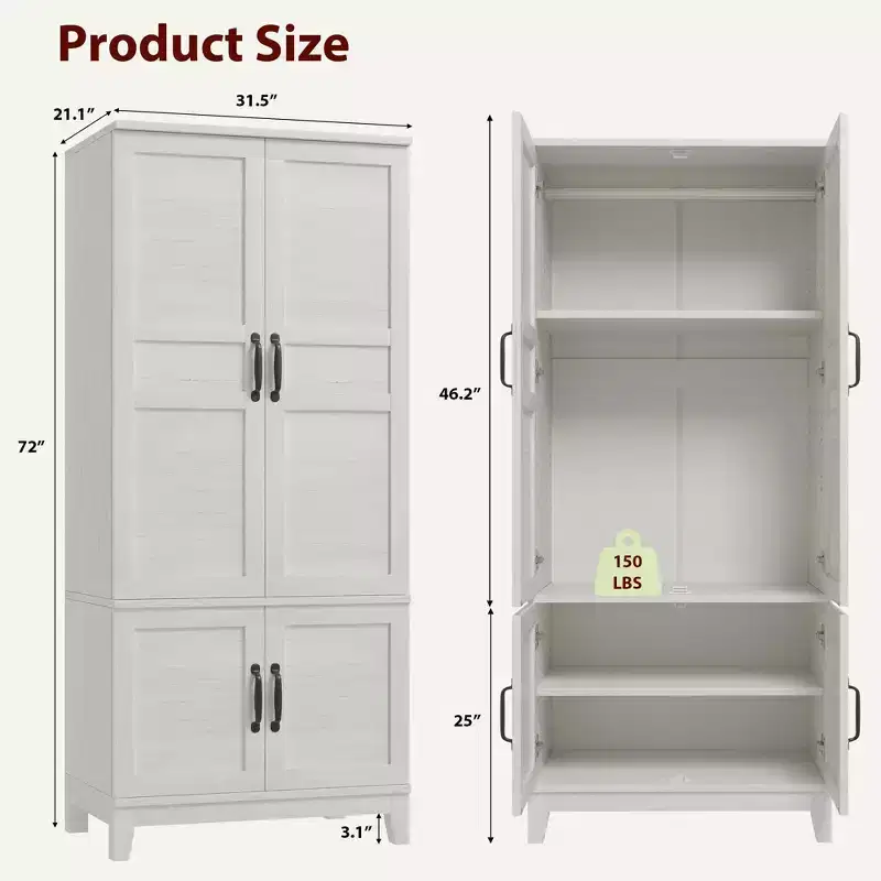 Coolmee Armoire Wardrobe Closet with 4 Doors, 72 Wooden Wardrobe Cabinet with Hanging Rod, Freestanding Tall Clothing Armoire Cabinet