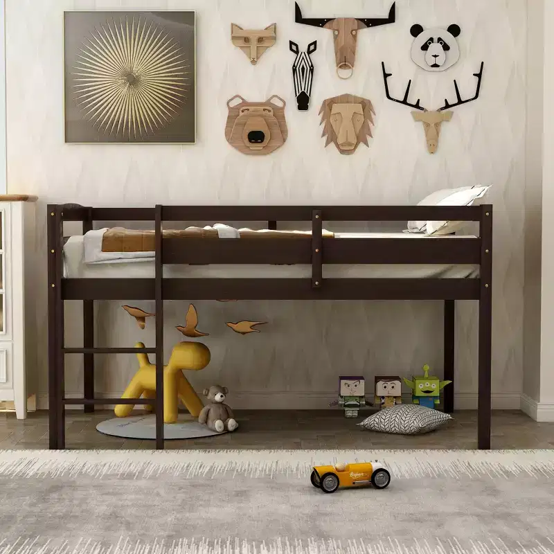 Whisen Modern Design Twin Wood Loft Bed Low Loft Beds with Ladder, A Beautiful Piece for Bedroom