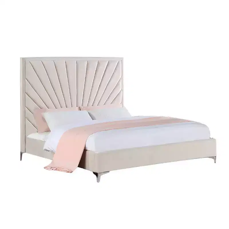 87 Queen Bed Faiz Bed Beige Velvet - Acme Furniture: Sunburst Channel-Tufted, Metal Feet, No Box Spring Needed