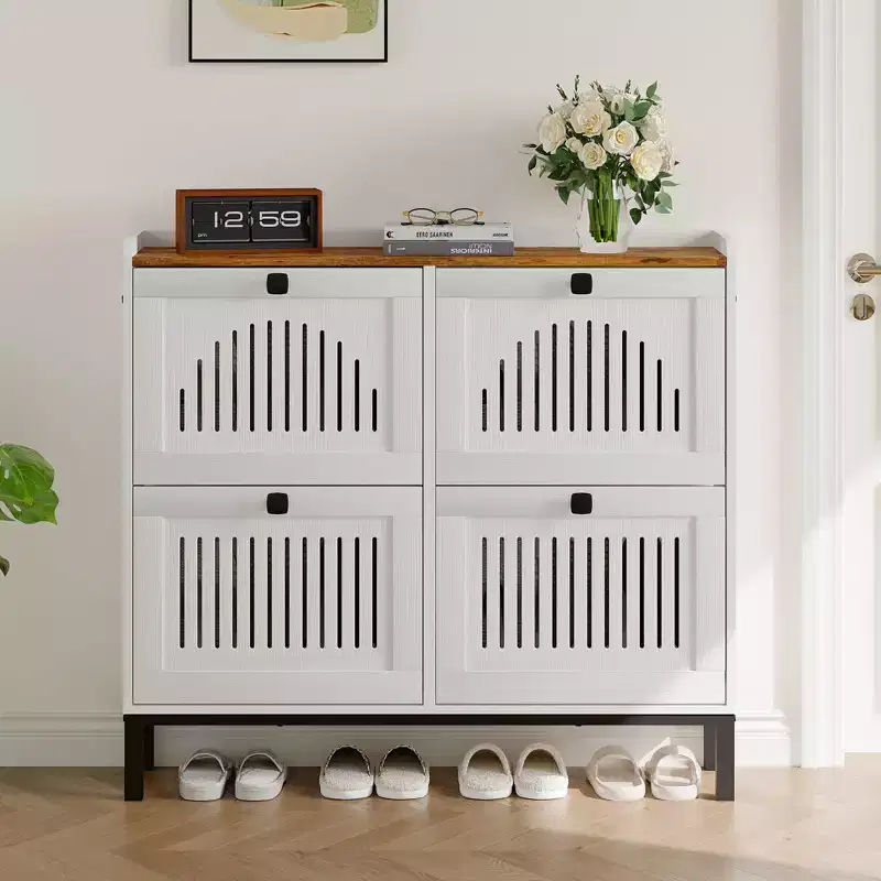 Shoe Storage Cabinet with 4 Flip Drawer, Shoes Organizer with Hollow Out Panel & Black Square Handles, Adjustable Shoe Rack for Entryway Living Room