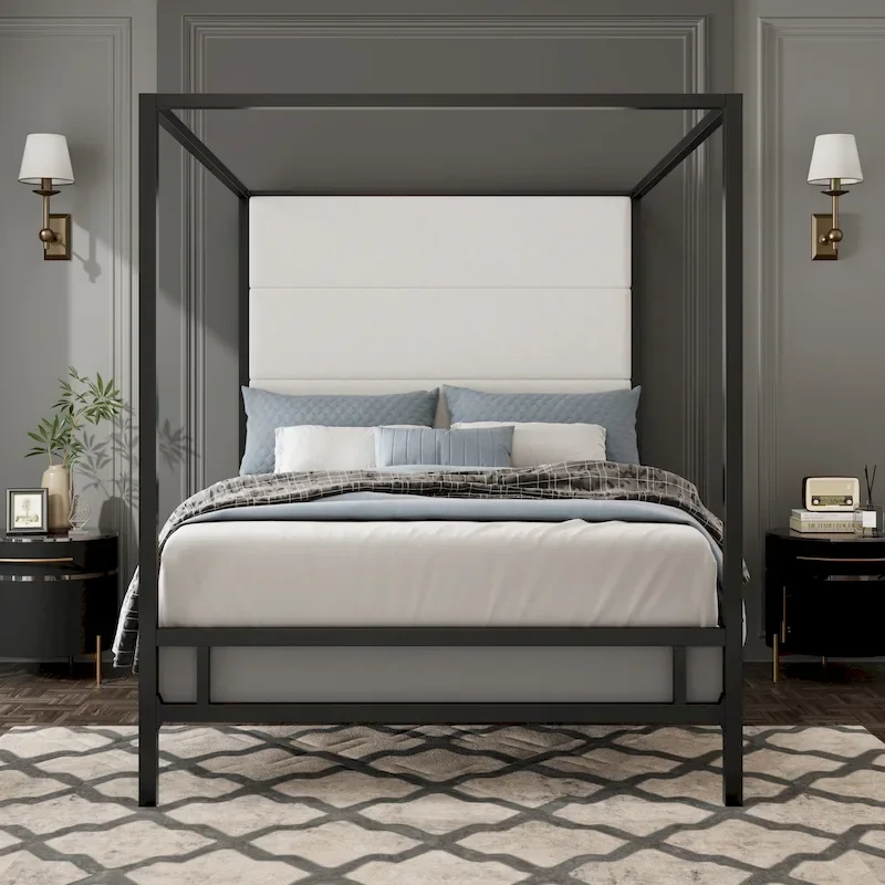 Canopy Bed with Velvet Upholstered Headboard Metal 4-Poster Bed Frame