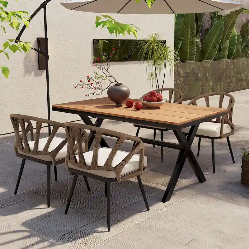 Contemporary Outdoor Set with PE Rattan Chairs and Plastic Wood Table