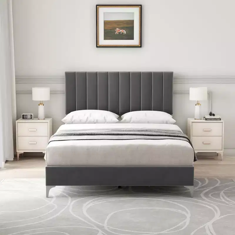 Platform Bed Frame with Adjustable Upholstered Headboard, Heavy Duty Support, Noise Free Wooden Slats, No Box Spring Needed, Easy Assembly, Grey