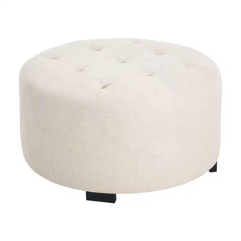 Round Button Tufted Ottoman, PU/Linen Upholstered Footstool with Birch Wood Legs