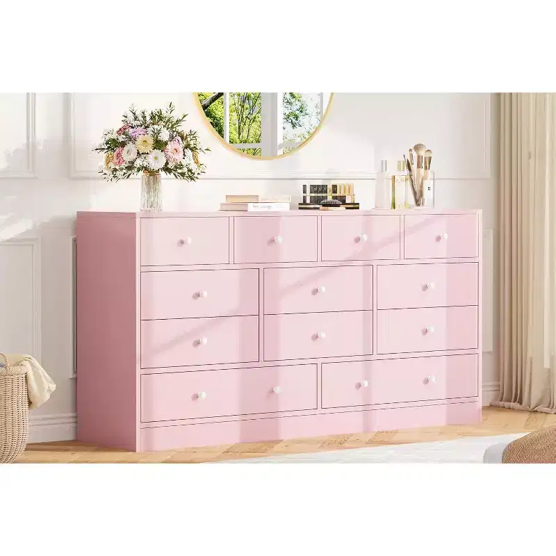 12 Drawer Dresser , 61 in Long Dresser TV Stand with Charging Station, Large Wooden Drawers for bedroom, Closet, Living Room,Pink