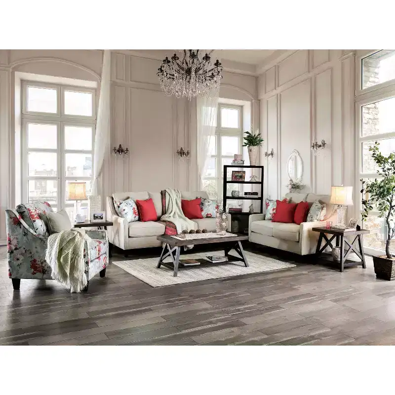 Upholstered Loveseat, Ivory Linen with Removable Cushions and Accent Pillows