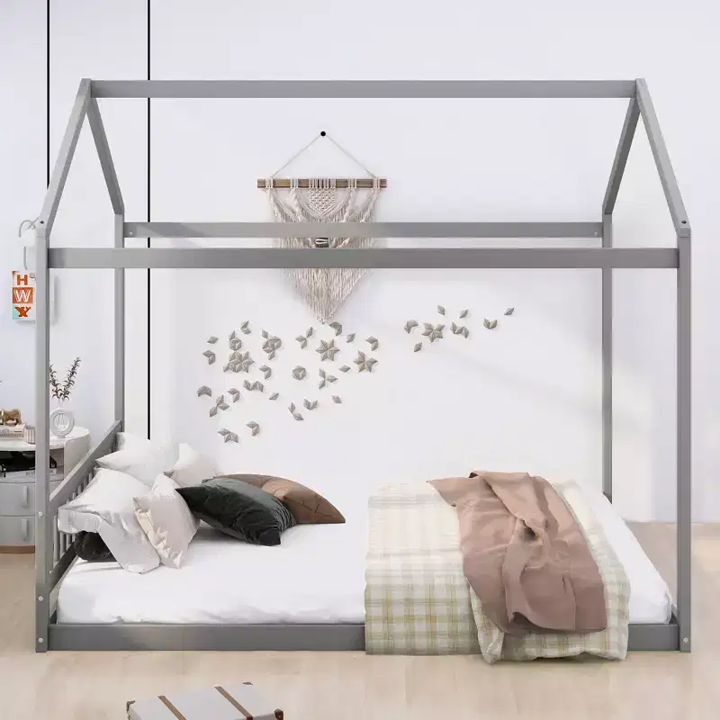 Whisen Queen Size Wooden House Bed, Minimalist Style Montessori Bed