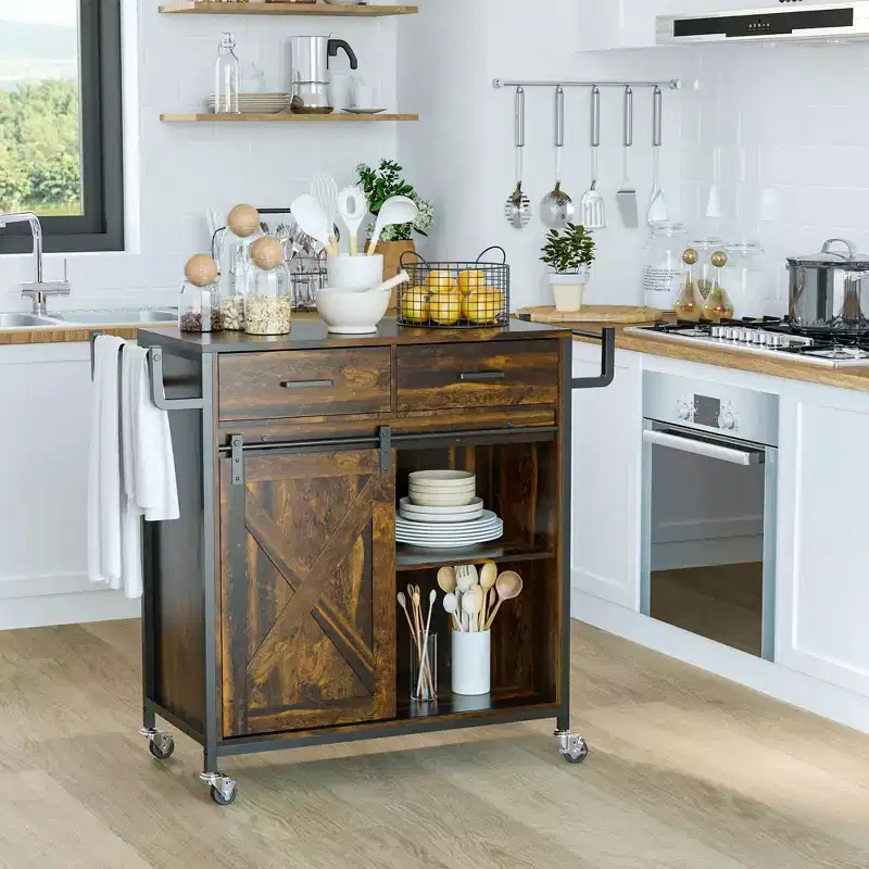 HOMCOM Rustic Farmhouse Kitchen Cart, Rolling Storage Island with Adjustable Shelf, Two Drawers, Sliding Barn Door Cabinet and Towel Rack