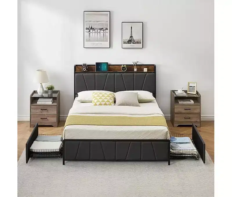 Rustic Linen Bed Frame with Storage Drawers & USB Charging, No Box Spring Needed, Easy Assembly