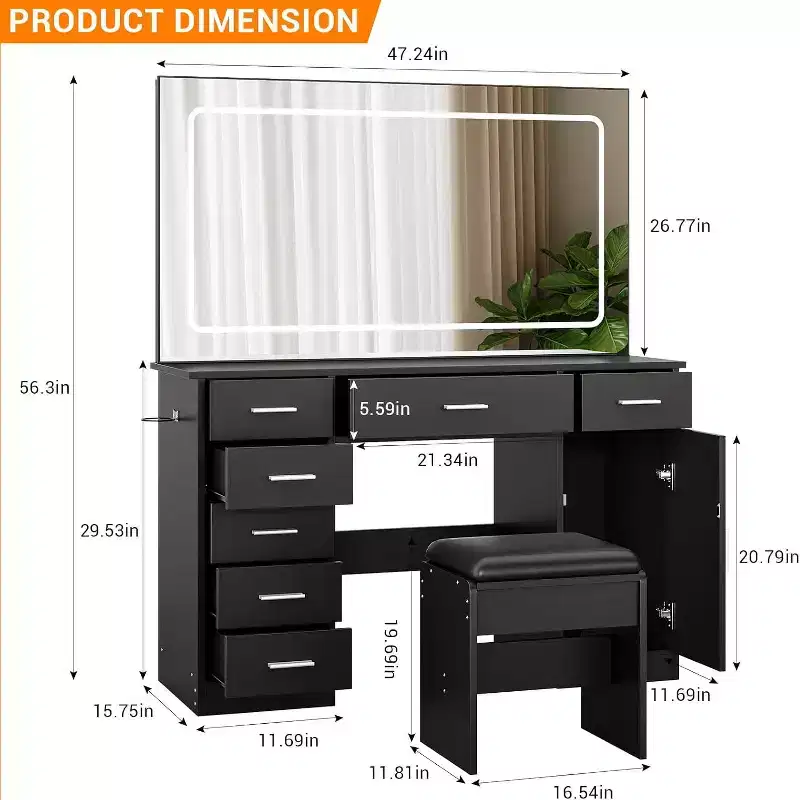 Vanity Desk with Large Mirror and Lights, Makeup Vanity with Power Outlet, 7 Drawers & Cushioned Stool, 3 Lighting Color Adjustable