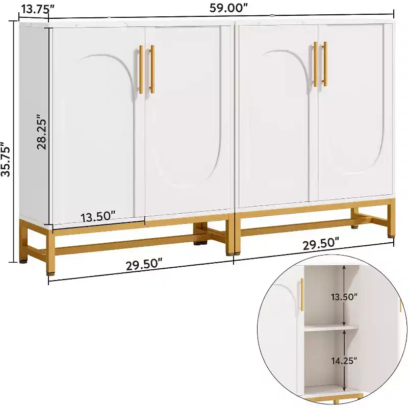 Modern White Sideboard Buffet Cabinet with 4 Doors and Adjustable Shelves