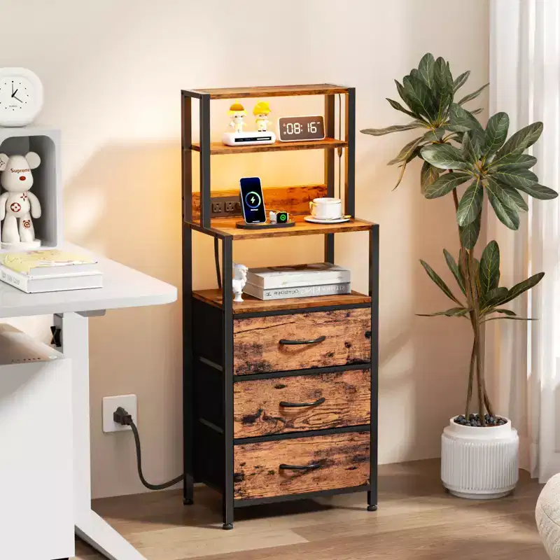 Tall Brown Nightstand 4 Tier Storage Shelves 3 PU Fabric Drawers Modern Bedside Table Narrow Accent Side End Table Organizer for Bedroom Living Room