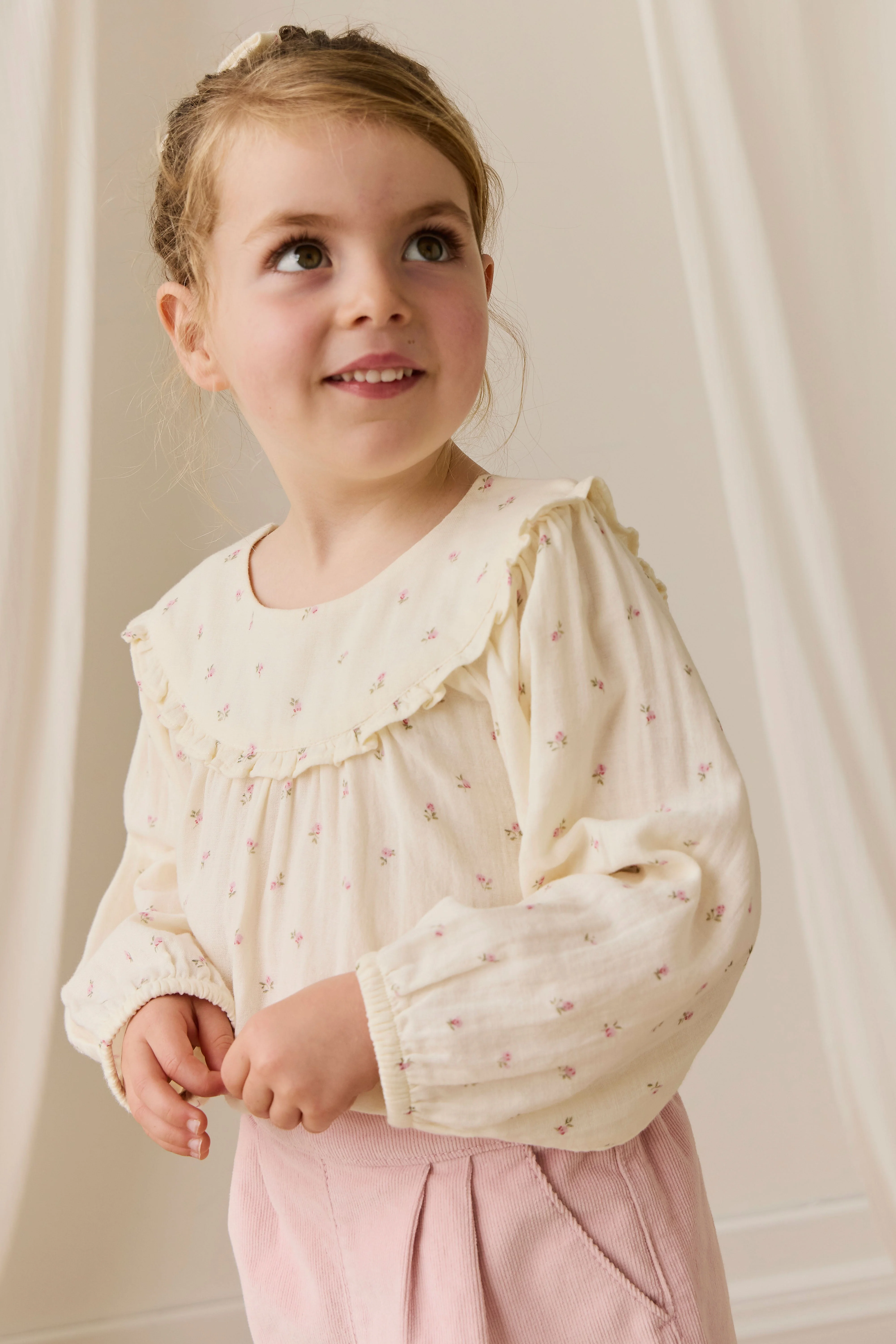 Floral Organic Cotton Muslin Blouse with Ruffled Yoke & Long Sleeves for Girls 0M–10Y