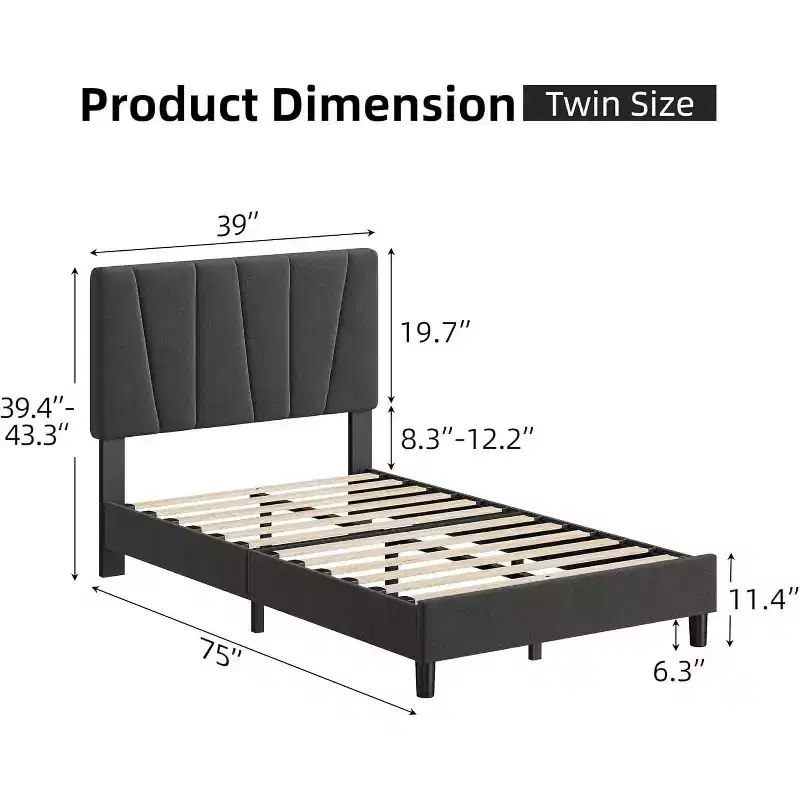 Acekool Adjustable Headboard Upholstered Twin Bed Frame, Linen, Platform Bed, Wooden Slats, Modern Low Profile