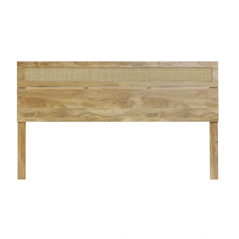 Oak Finish Manufactured Wood with Natural Rattan Top Headboard, King or Queen