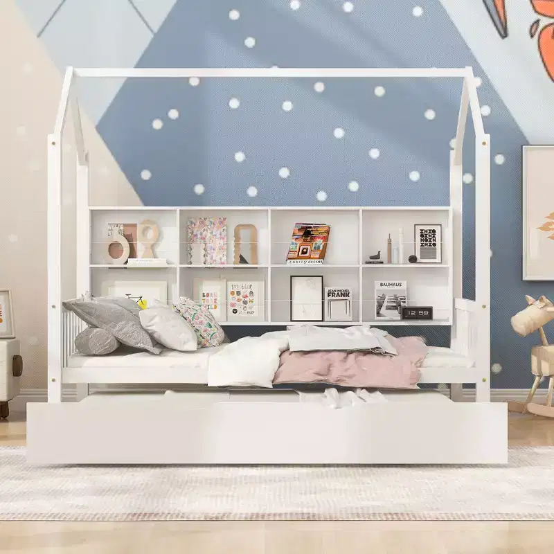 Twin Size House Bed with Trundle and Storage Shelves, Kids Montessori Bed Wood Playhouse Tent Bed Frame for Girls Boys, White