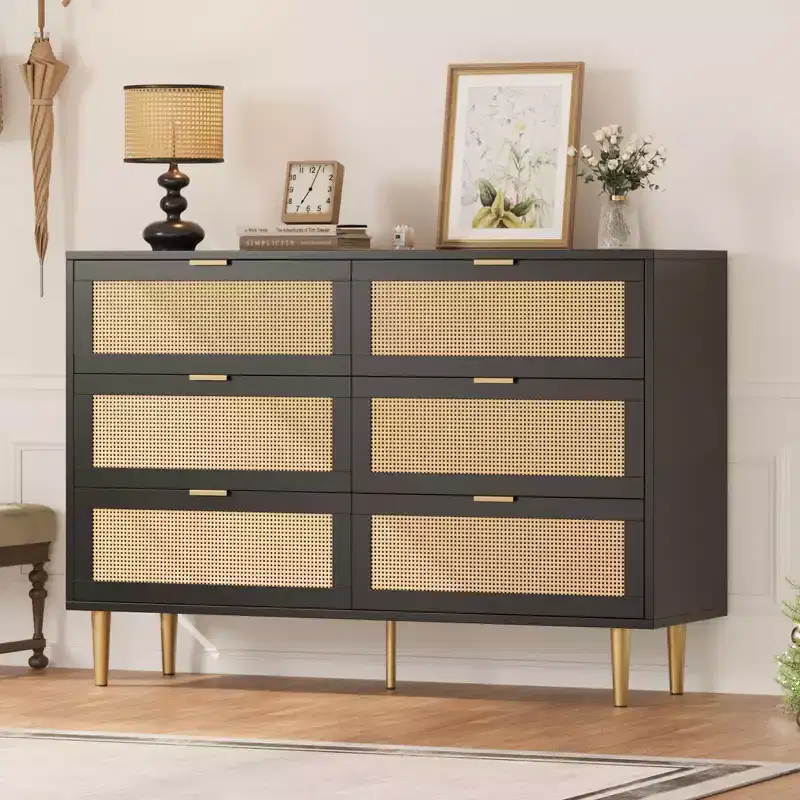 Natural Rattan 6-Drawer Dresser with Gold Legs & Handles, Wide Storage Chest for Bedroom or Living Room, Anti-Tip Design & Large Top Surface
