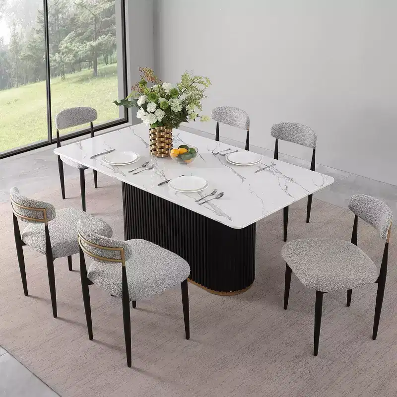 Modern 7-Piece Faux Marble Dining Table with Boucle Armless Chairs in Dining Room Set for Kitchen -Morden Fort