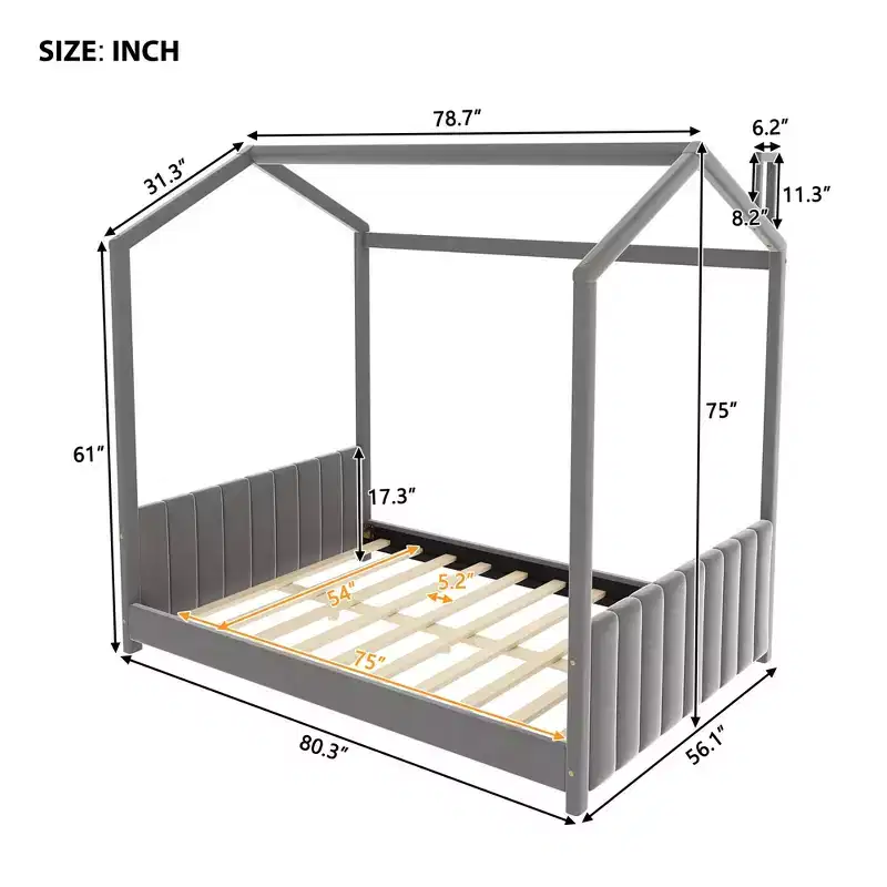 Velvet House Bed for Kids' Room, Gray