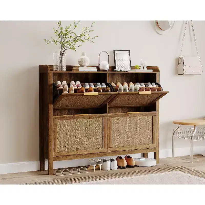 Farmhouse-style rattan shoe cabinet, 47-inch shoe rack with 4 flip-top drawers, freestanding narrow shoe rack with concealed gold handles and shelves