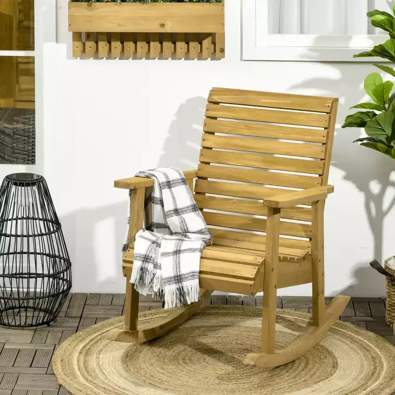 Wooden Outdoor Rocking Chair, Traditional Slatted Wood Rocker Chair with Armrests and High Backrest for Indoor & Outdoor