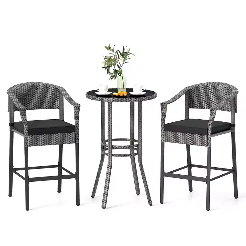 Costway 3-Piece Patio Rattan Bar Set Wicker Bar Height Armchairs & Round Table