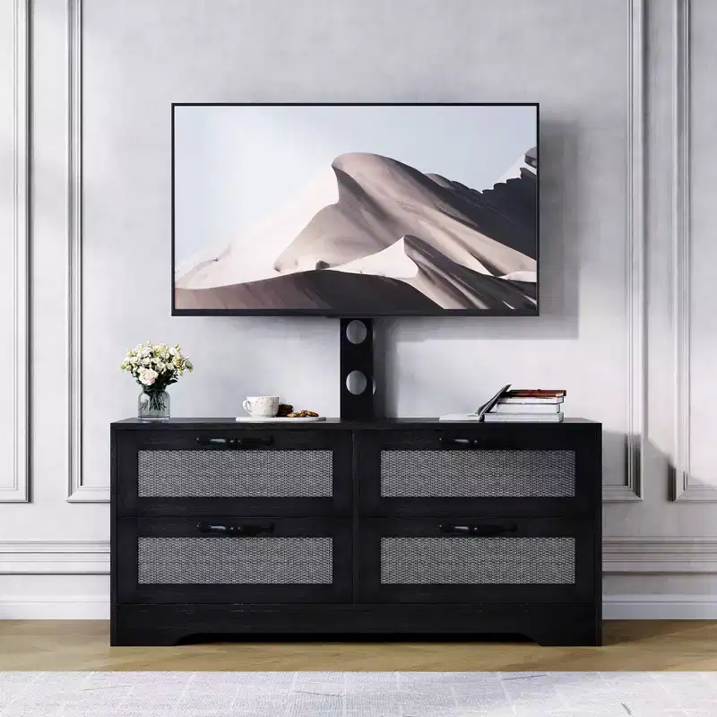 Rattan TV Stand with Mount  4-Drawer Dresser Entertainment Center for TVs up to 70 Inch, Farmhouse Wooden Media Console for Living Room & Bedroom