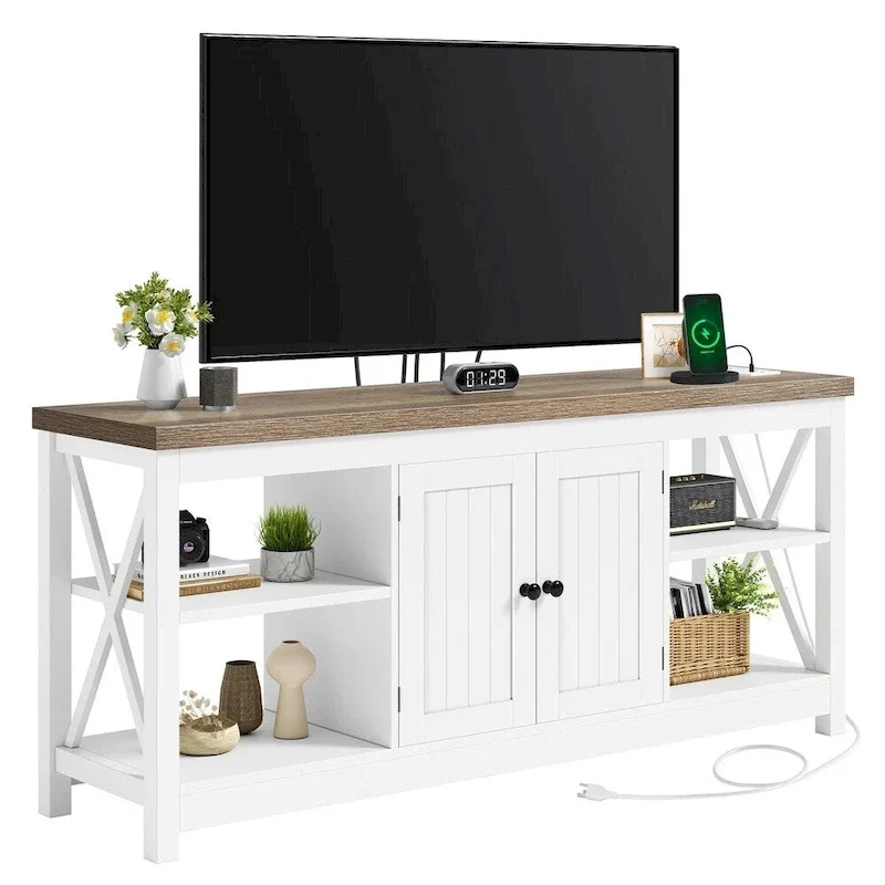 White Farmhouse MDF TV Stand with Power Outlets, USB Ports and 3-Tier Open Shelves for 1 Person, Fits TVs up to 65