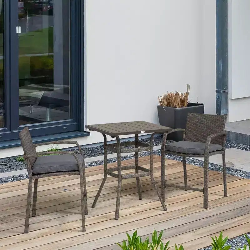 3 PCS Rattan Wicker Bar Set with Wood Grain Top Table and 2 Bar Stools for Outdoor, Patio, Poolside, Garden