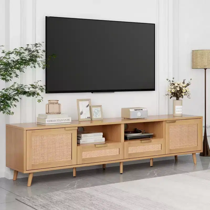 Modern Rattan TV Cabinet with Open Storage Shelves and Sturdy Wood Legs, Home Entertainment Center for Game Rooms, Living Rooms, Bedrooms, Offices